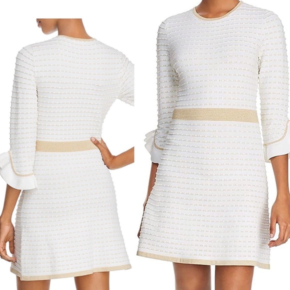 Shoshanna Dresses & Skirts - Shonshanna “Claira” Textured Knit Dress W/ Metallic Trim In Ivory/gold sz Med